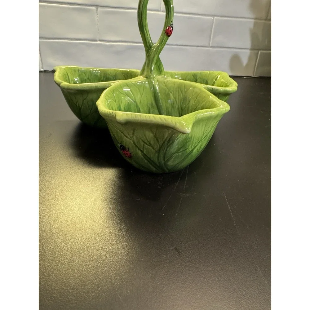 PIER 1 Imports LADYBUG 3 Section Green Leaf Condiment Dip Bowl Serving Handle